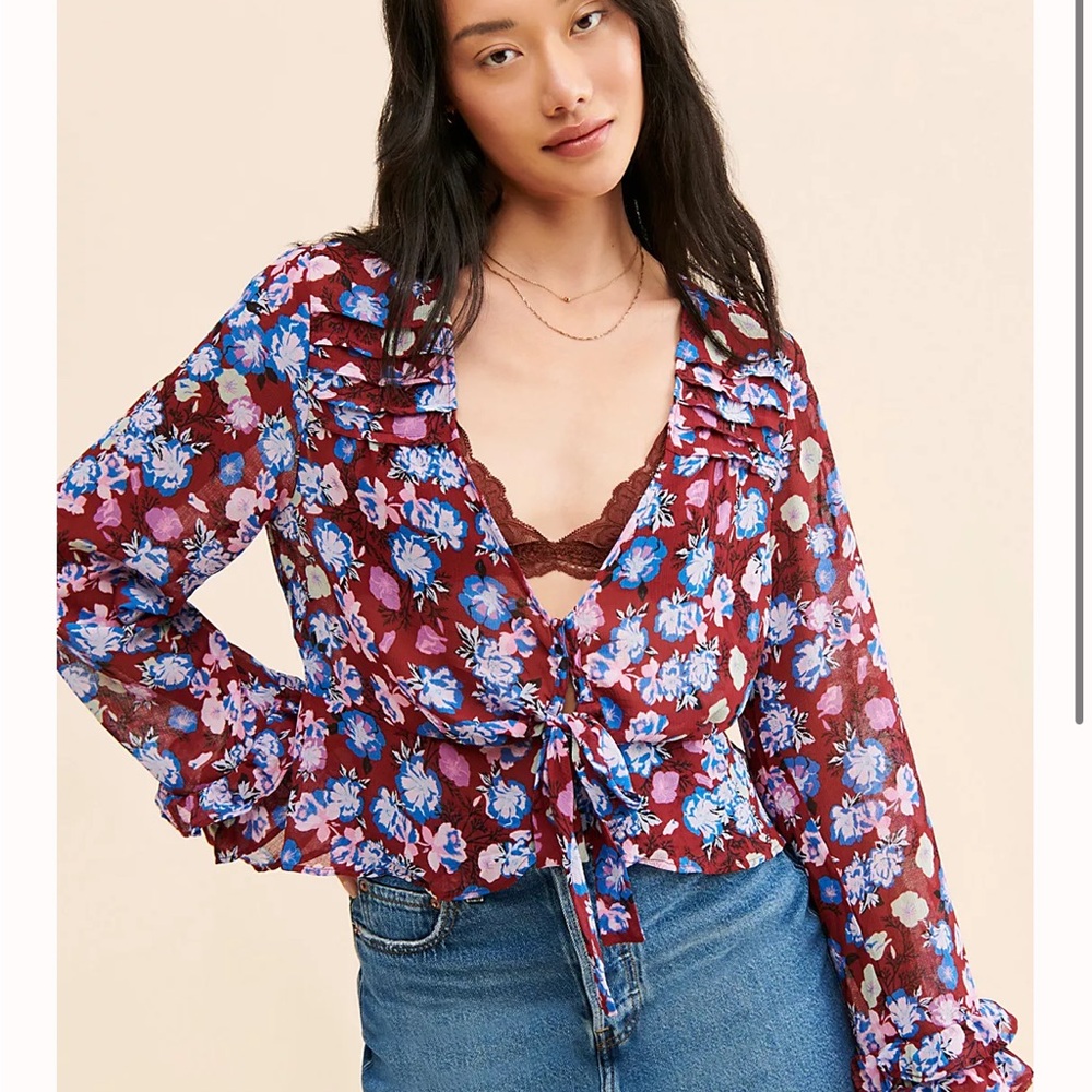 Free People Burgundy and Blue Floral Blouse